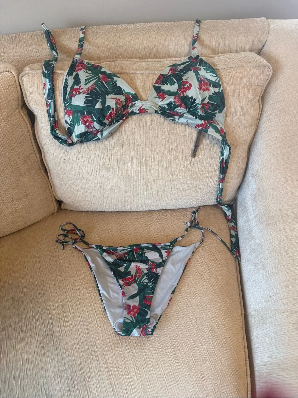 Tropical Floral Tie Bikini Top & Bottom - Green & Red